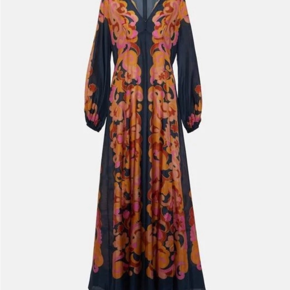 Zimmermann Acadian Printed Silk Maxi Dress Navy Orange and Pink Floral Motif